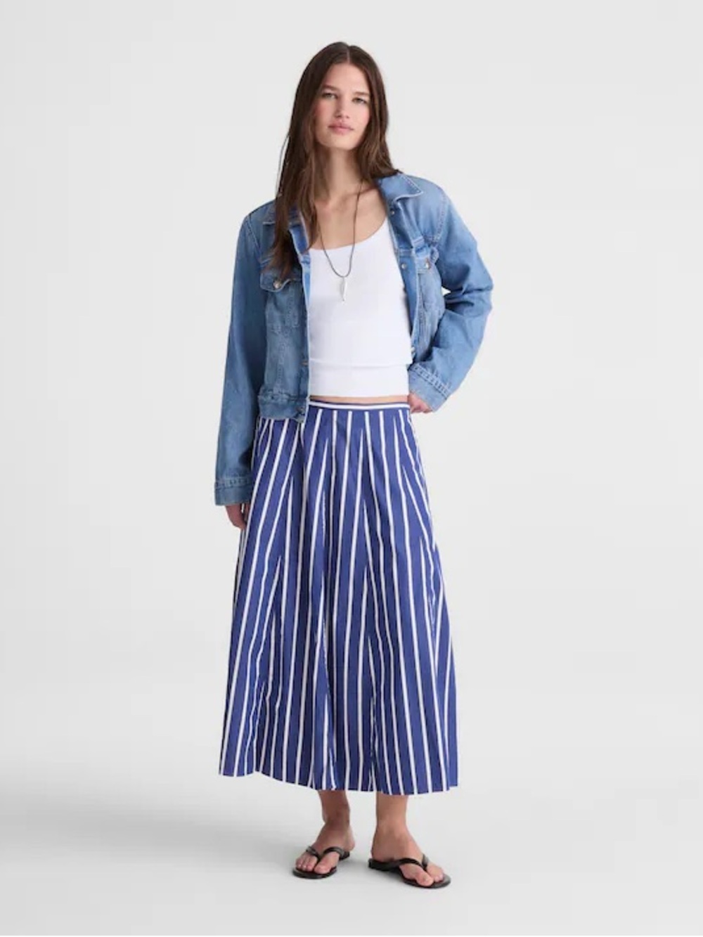 New Madewell A-Line Midi Skirt in Poplin Cool Navy Striped M Pockets Coastal
